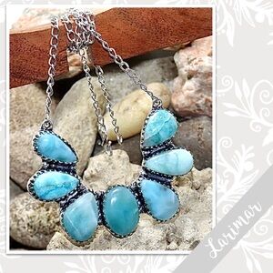 Larimar Large Silver Multi-Stone Artisan Necklace, 20” (Aqua / Turquoise Blue)